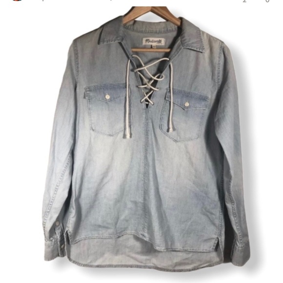 Madewell Shirt Lace-Up Denim Chambray Distressed - Picture 2 of 7